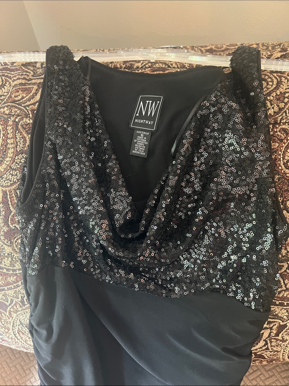 NWOT NW Nightway Black Maxi Dress with Beaded cowl neck Bodice